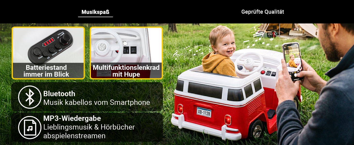 Musik, Unterhaltung und Fahrspaß kombiniert Das Kinder-Elektroauto bietet Bluetooth- und MP3-Wiedergabe für Musik und Hörbücher, ein Multifunktionslenkrad mit Hupe sowie eine gut sichtbare Batteriestandsanzeige. So genießen Kinder unterwegs abwechslungsreiche Unterhaltung, während der Akkustand jederzeit im Blick bleibt.